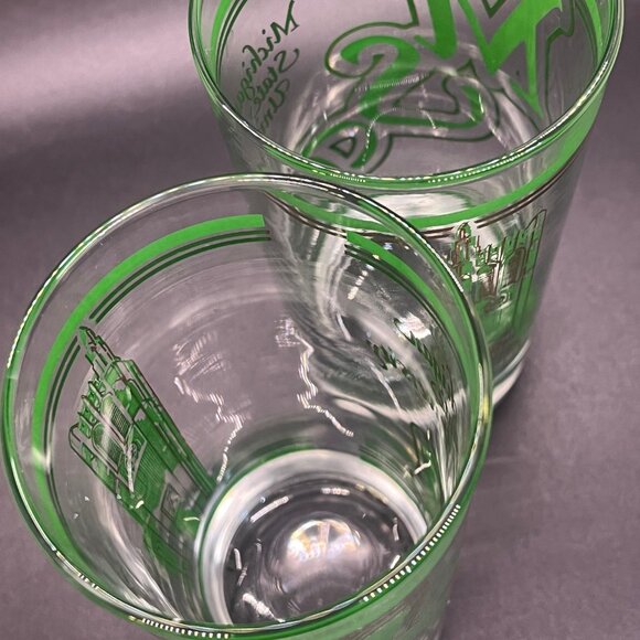 MSU Mich State Green‎ & Gold Trimmed MCM Vintage High Ball Glass Tumblers Set 2 - Picture 6 of 9